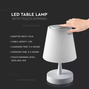 Επιτραπέζιο Επαναφορτιζόμενο Φωτιστικό LED 5W Λευκό V-TAC με Dimmer Αφής Θερμό 3000K – 8930