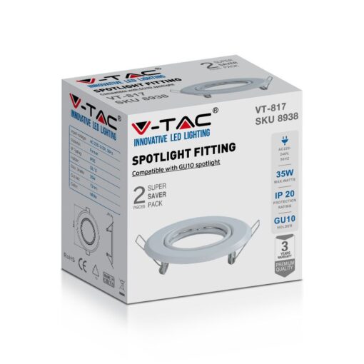 Βάση Σποτ GU10 – MR16 V-TAC Χωνευτή Στρογγυλή Λευκή 2τμχ – 8938