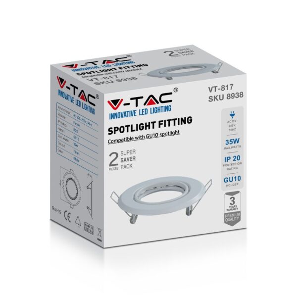 Βάση Σποτ GU10 – MR16 V-TAC Χωνευτή Στρογγυλή Λευκή 2τμχ – 8938