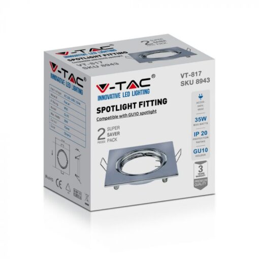 Βάση Σποτ GU10 – MR16 V-TAC Χωνευτή Τετράγωνη Χρώμιο 2τμχ – 8943
