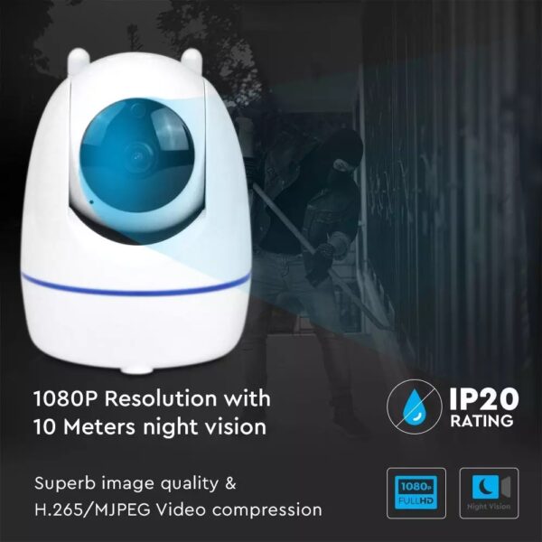 1080P IP Wi-Fi Camera 3MP Περιστρεφόμενη με Αυτόματη Παρακολούθηση και Νυχτερινή Λήψη IP20 V-TAC – 8986