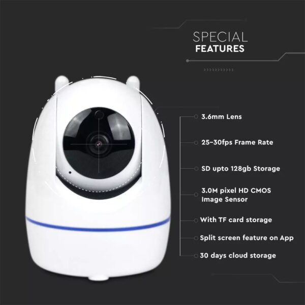 1080P IP Wi-Fi Camera 3MP Περιστρεφόμενη με Αυτόματη Παρακολούθηση και Νυχτερινή Λήψη IP20 V-TAC – 8986