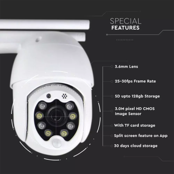 Camera WiFi εξωτερικού χώρου IP 3MP με ανίχνευση κίνησης & ήχου, λειτουργία Auto-Track με 8 φωτάκια LED V-TAC – 8988