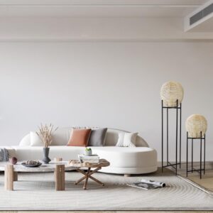 GloboStar® NERINA 02016 Boho Επιδαπέδιο Φωτιστικό Μονόφωτο 1 x E27 AC220-240V IP20 – Φ40 x Υ160cm – Μαύρο Μεταλλικό με Μπεζ Ρατάν Καπέλο Πλέγμα – 5 Χρόνια Εγγύηση