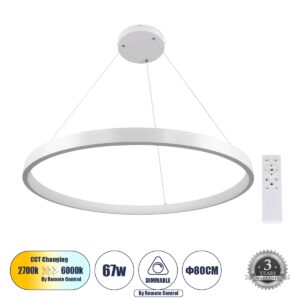 GloboStar® NEMESIS 61162 Κρεμαστό Φωτιστικό Δαχτυλίδι-Κύκλος LED CCT 67W 7689lm 360° AC 220-240V – Εναλλαγή Φωτισμού μέσω Τηλεχειριστηρίου All In One Ψυχρό 6000k+Φυσικό 4500k+Θερμό 2700k Dimmable Φ80cm – Λευκό – 3 Years Warranty