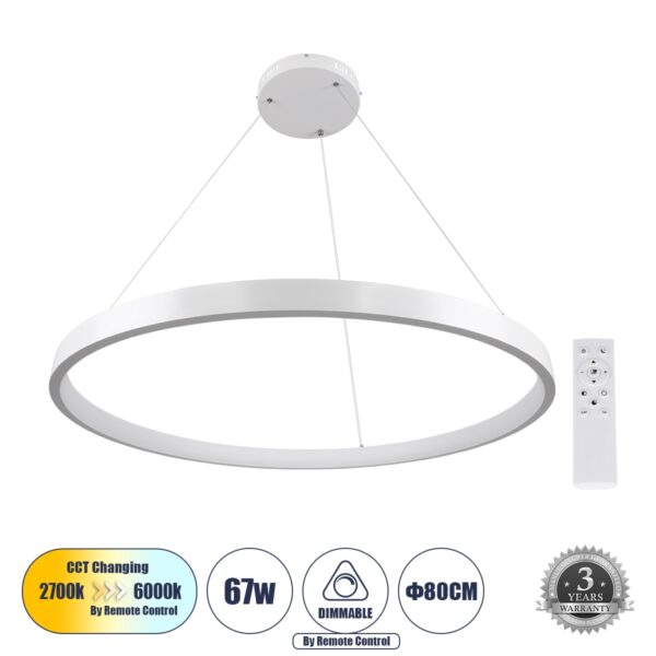 GloboStar® NEMESIS 61162 Κρεμαστό Φωτιστικό Δαχτυλίδι-Κύκλος LED CCT 67W 7689lm 360° AC 220-240V – Εναλλαγή Φωτισμού μέσω Τηλεχειριστηρίου All In One Ψυχρό 6000k+Φυσικό 4500k+Θερμό 2700k Dimmable Φ80cm – Λευκό – 3 Years Warranty