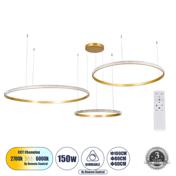 GloboStar® DIAMOND TRIO 61147 Κρεμαστό Φωτιστικό Δαχτυλίδι-Κύκλος LED CCT 150W 18379lm 360° AC 220-240V - Εναλλαγή Φωτισμού μέσω Τηλεχειριστηρίου All In One Ψυχρό 6000k+Φυσικό 4500k+Θερμό 2700k Dimmable Φ60+80+100cm - Χρυσό Βούρτσας - 3 Years Warranty