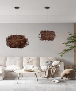 GloboStar® MINORCA 01734 Μοντέρνο Κρεμαστό Φωτιστικό Οροφής Μονόφωτο 1 x E27 Καφέ Μπαμπού Καμπάνα Φ60 x Υ35cm