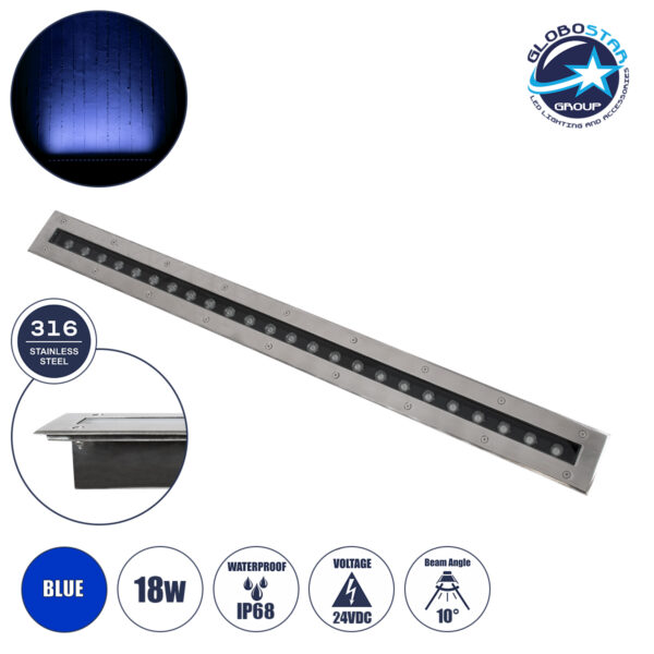 GloboStar® UNDERGROUND-REMVI 90194-B Χωνευτό Φωτιστικό Wall Washer Δαπέδου LED 18W 1440lm 10° DC 24V Αδιάβροχο IP68 L100 x W9 x H7.2cm Μπλε - Ανοξείδωτο Ατσάλι - 3 Years Warranty