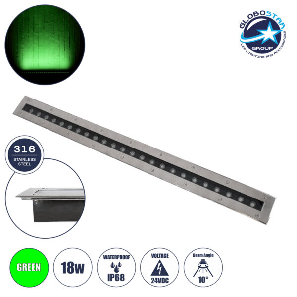 GloboStar® UNDERGROUND-REMVI 90194-G Χωνευτό Φωτιστικό Wall Washer Δαπέδου LED 18W 1440lm 10° DC 24V Αδιάβροχο IP68 L100 x W9 x H7.2cm Πράσινο - Ανοξείδωτο Ατσάλι - 3 Years Warranty