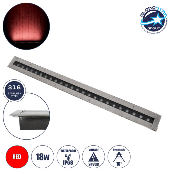 GloboStar® UNDERGROUND-REMVI 90194-R Χωνευτό Φωτιστικό Wall Washer Δαπέδου LED 18W 1440lm 10° DC 24V Αδιάβροχο IP68 L100 x W9 x H7.2cm Κόκκινο - Ανοξείδωτο Ατσάλι - 3 Years Warranty