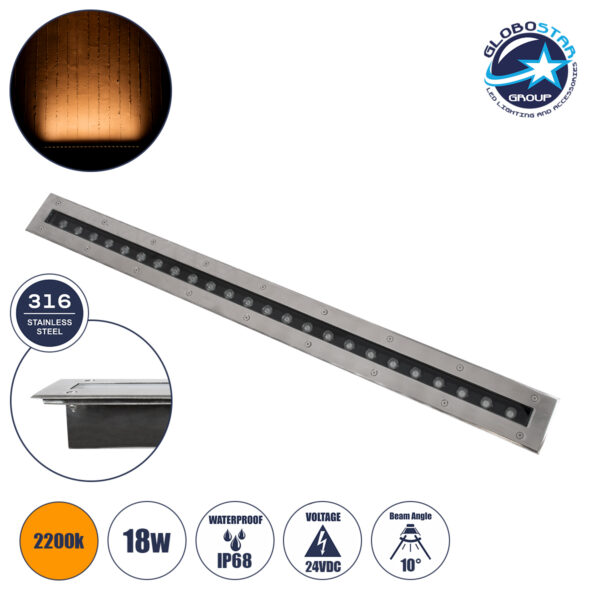 GloboStar® UNDERGROUND-REMVI 90194-Y Χωνευτό Φωτιστικό Wall Washer Δαπέδου LED 18W 1440lm 10° DC 24V Αδιάβροχο IP68 L100 x W9 x H7.2cm Αρχιτεκτονικό Πορτοκαλί 2200K - Ανοξείδωτο Ατσάλι - 3 Years Warranty