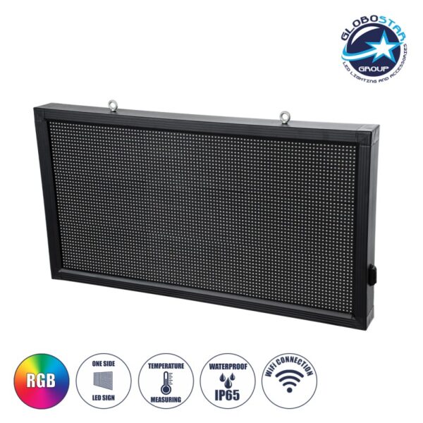 GloboStar® DISPLAY 90297 LED Scrolling Display 96x48cm - Κυλιόμενη Ψηφιακή Πινακίδα / Επιγραφή Μονής Όψης P10 LED SMD AC 220-240V - Λειτουργία μέσω Wi-Fi με Εφαρμογή APP - Αισθήτηρας Θερμοκρασίας και Υγρασίας - Αδιάβροχο IP65 - Μ104 x Π9 x Υ56cm - RGB - 1 Χρόνο Εγγύηση