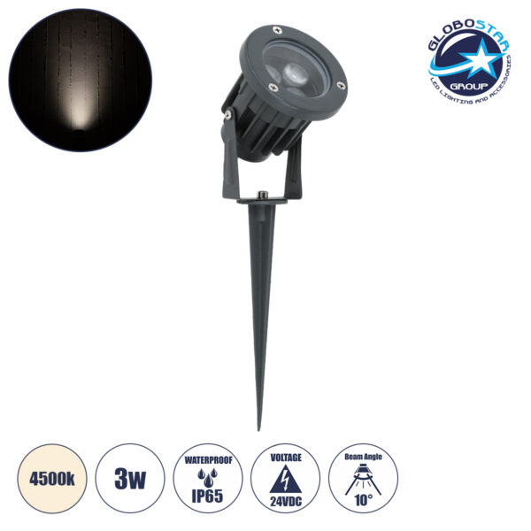 GloboStar® TREELIGHT-TZINA 90352 Σποτ Φωτισμού Ειδικό για Φυτά - Δέντρα με Βάση Κήπου / Καρφωτό LED 3W 285lm 10° DC 24V Αδιάβροχο IP65 L10.5 x W7.5 x H7.5cm Φυσικό Λευκό 4500K - Γκρι Ανθρακί - 3 Years Warranty