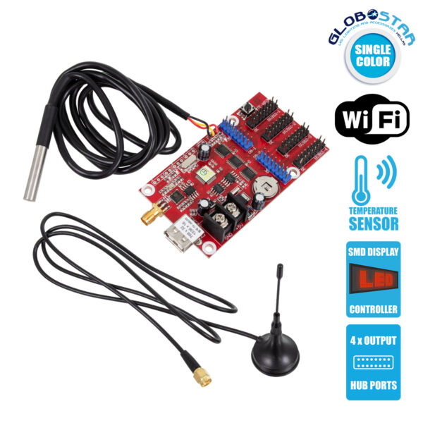 GloboStar® 90388 Ασύρματος Controller WiFi TF-A6UW-4 με Είσοδο USB και Αισθητήρα Θερμοκρασίας με 4 Εξόδους HUB για Μονόχρωμη Κυλιόμενη Πινακίδα LED