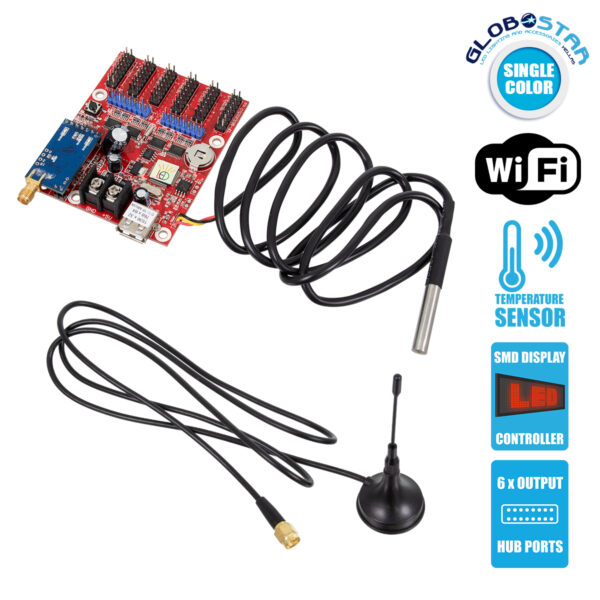 GloboStar® 90389 Ασύρματος Controller WiFi TF-M6UW-6 με Είσοδο USB και Αισθητήρα Θερμοκρασίας με 6 Εξόδους HUB για Μονόχρωμη Κυλιόμενη Πινακίδα LED