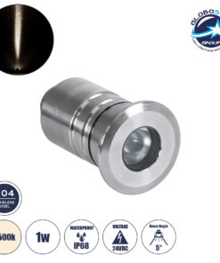 GloboStar® UNDERWATER-DANI 90411 Υποβρύχιο Χωνευτό Φωτιστικό Σποτ Ειδικό για Σιντριβάνια LED 1W 95lm 5° DC 24V Αδιάβροχο IP68 Φ3 x Υ5cm Φυσικό Λευκό 4500K – Ανοξείδωτο Ατσάλι – 3 Years Warranty