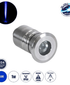 GloboStar® UNDERWATER-DANI 90413 Υποβρύχιο Χωνευτό Φωτιστικό Σποτ Ειδικό για Σιντριβάνια LED 1W 80lm 5° DC 24V Αδιάβροχο IP68 Φ3 x Υ5cm Μπλε – Ανοξείδωτο Ατσάλι – 3 Years Warranty