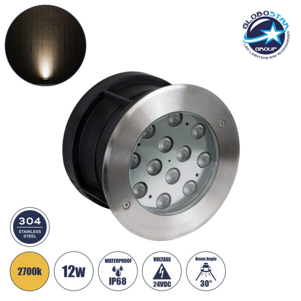 GloboStar® UNDERWATER-TUNI 90420 Υποβρύχιο Χωνευτό Φωτιστικό Σποτ Ειδικό για Σιντριβάνια LED 12W 1080lm 30° DC 24V Αδιάβροχο IP68 Φ18 x Υ11cm Θερμό Λευκό 2700K - Ανοξείδωτο Ατσάλι - 3 Years Warranty