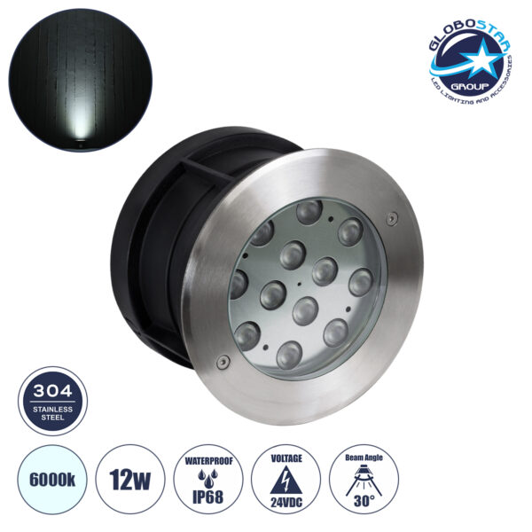 GloboStar® UNDERWATER-TUNI 90421 Υποβρύχιο Χωνευτό Φωτιστικό Σποτ Ειδικό για Σιντριβάνια LED 12W 1200lm 30° DC 24V Αδιάβροχο IP68 Φ18 x Υ11cm Ψυχρό Λευκό 6000K - Ανοξείδωτο Ατσάλι - 3 Years Warranty