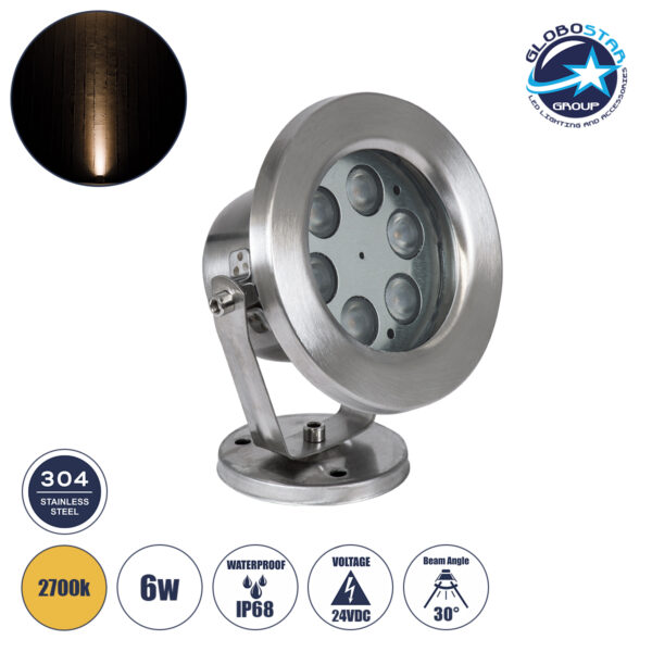 GloboStar® UNDERWATER-DEDY 90426 Υποβρύχιο Επιφανειακό Φωτιστικό Σποτ Ειδικό για Σιντριβάνια - Πισίνες - Τζακούζι LED 6W 540lm 30° DC 24V Αδιάβροχο IP68 Μ12 x Π7.5 x Υ14.5cm Θερμό Λευκό 2700K - Ανοξείδωτο Ατσάλι SS304 - 3 Years Warranty