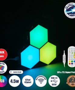 GloboStar® DIGIOCTA 90447 Σετ 3 Ψηφιακων LED RGB Φωτιστικών Κυψελών με Ψηφιακό Controller με WiFi Smart APP & Ασύρματο Χειριστήριο RF 2.4Ghz – LED SMD 5050 4.5W/Σετ 42PIXEL/Σετ 360lm/Σετ 120° DC 5V με USB 2.0 IP20 Πολύχρωμο RGB – Dimmable – Μ10.5 x Π10.5 x Υ3cm Ανά Κυψέλη – 2 Χρόνια Εγγύηση