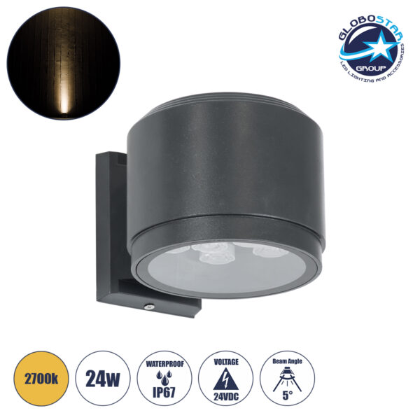 GloboStar® WALLLIGHT-GONA 90483 Φωτιστικό Τοίχου - Απλίκα LED 24W 2160lm 5° DC 24V Αδιάβροχο IP67 Μ13 x Π16.5 x Υ5cm Θερμό Λευκό 2700K - Γκρι Ανθρακί - 3 Years Warranty