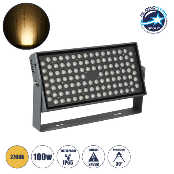 GloboStar® FLOOD-ZANA 90558 Προβολέας Wall Washer για Φωτισμό Κτιρίων LED 100W 9000lm 30° DC 24V Αδιάβροχο IP65 Μ45.5 x Π28 x Υ10cm Θερμό Λευκό 2700K - Γκρι Ανθρακί - 3 Years Warranty