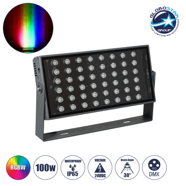 GloboStar® FLOOD-ZANA 90559 Προβολέας Wall Washer για Φωτισμό Κτιρίων LED 100W 8500lm 30° DC 24V Αδιάβροχο IP65 Μ45.5 x Π28 x Υ10cm RGBW DMX512 - Γκρι Ανθρακί - 3 Years Warranty