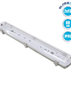 GloboStar® 90611 2 x 60cm T8 Tri-Proof Πλαστικό PC Σκαφάκι με Μεταλλικά Clips για 2 x Λάμπες Φθορίου LED Τροφοδοσίας Ενός Άκρου Αδιάβροχο IP65