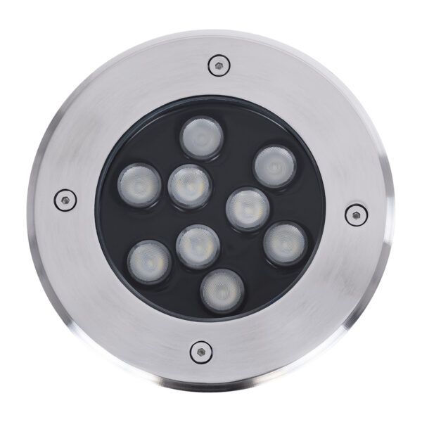 GloboStar® UNDERGROUND-TINA 90669 Χωνευτό Φωτιστικό Σποτ Δαπέδου LED 12W 1260lm 30° DC 24V Αδιάβροχο IP65 Φ16 x Υ9cm Πολύχρωμο RGBW DMX512 – Ανοξείδωτο Ατσάλι – 3 Years Warranty