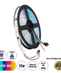 GloboStar® DIGIPRO 90773 Ψηφιακή Ταινία LED SMD 5050 12W/m 60LED/m 20PIXEL/m SPI/TTL Protocol IC TM1814/UCS1912/UCS2912 1200lm/m 120° DC 12V IP20 Πολύχρωμη RGB+WW – Dimmable – Λευκό Σώμα – Μ5000 x Π10 x Υ2mm – Συσκευασία 5 Μέτρων – 5 Χρόνια Εγγύηση
