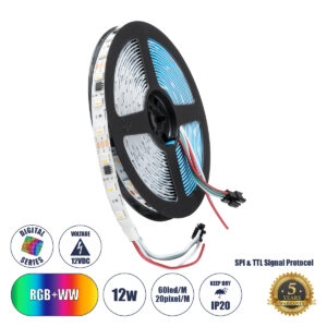 GloboStar® DIGIPRO 90773 Ψηφιακή Ταινία LED SMD 5050 12W/m 60LED/m 20PIXEL/m SPI/TTL Protocol IC TM1814/UCS1912/UCS2912 1200lm/m 120° DC 12V IP20 Πολύχρωμη RGB+WW – Dimmable – Λευκό Σώμα – Μ5000 x Π10 x Υ2mm – Συσκευασία 5 Μέτρων – 5 Χρόνια Εγγύηση