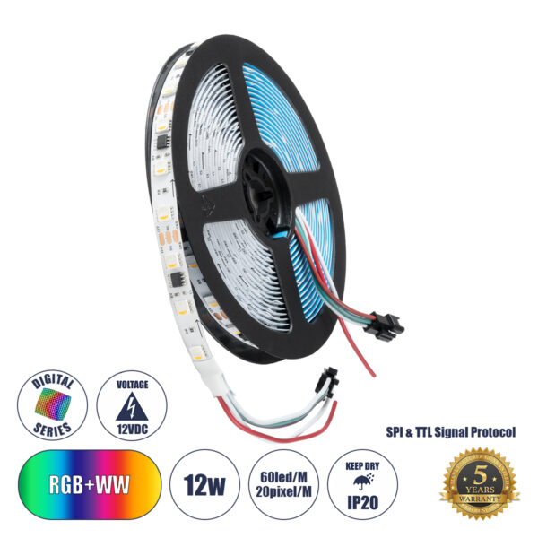GloboStar® DIGIPRO 90773 Ψηφιακή Ταινία LED SMD 5050 12W/m 60LED/m 20PIXEL/m SPI/TTL Protocol IC TM1814/UCS1912/UCS2912 1200lm/m 120° DC 12V IP20 Πολύχρωμη RGB+WW – Dimmable – Λευκό Σώμα – Μ5000 x Π10 x Υ2mm – Συσκευασία 5 Μέτρων – 5 Χρόνια Εγγύηση
