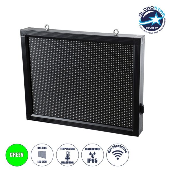 GloboStar® DISPLAY 90801 LED Scrolling Display 64x48cm - Κυλιόμενη Ψηφιακή Πινακίδα / Επιγραφή Μονής Όψης P10 LED SMD AC 220-240V - Λειτουργία μέσω Wi-Fi με Εφαρμογή APP - Αισθήτηρας Θερμοκρασίας και Υγρασίας - Αδιάβροχο IP65 - Μ72 x Π9 x Υ56cm - Πράσινο - 1 Χρόνο Εγγύηση