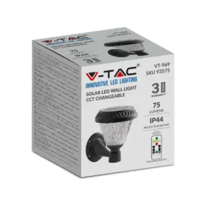 LED Ηλιακό Φαναράκι Τοίχου με RF Control V-TAC IP44 Μαύρο Σώμα  CCT – 93575
