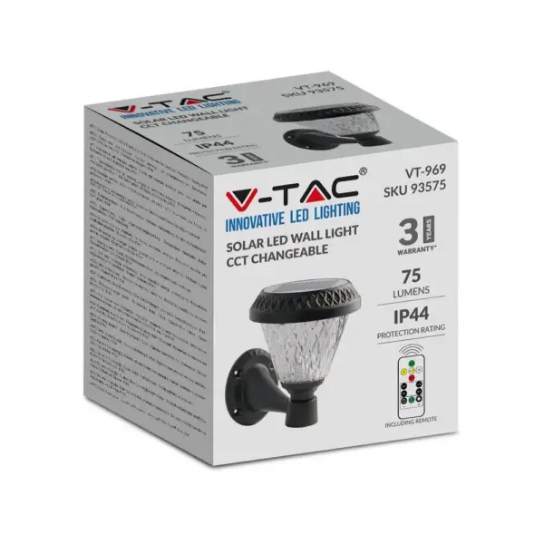 LED Ηλιακό Φαναράκι Τοίχου με RF Control V-TAC IP44 Μαύρο Σώμα  CCT – 93575