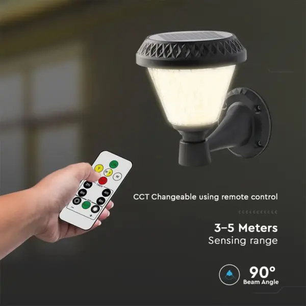 LED Ηλιακό Φαναράκι Τοίχου με RF Control V-TAC IP44 Μαύρο Σώμα  CCT – 93575