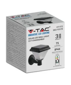 LED Ηλιακό Φαναράκι Τοίχου με RF Control V-TAC IP44 Μαύρο Σώμα CCT – 93578