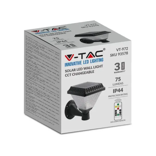 LED Ηλιακό Φαναράκι Τοίχου με RF Control V-TAC IP44 Μαύρο Σώμα  CCT – 93578