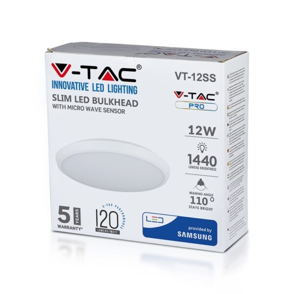 LED Πλαφονιέρα Λευκή με Ανιχνευτή Κίνησης 12W V-TAC PRO Samsung Chip 1440lm Φ270 Ψυχρό 6400K – 938