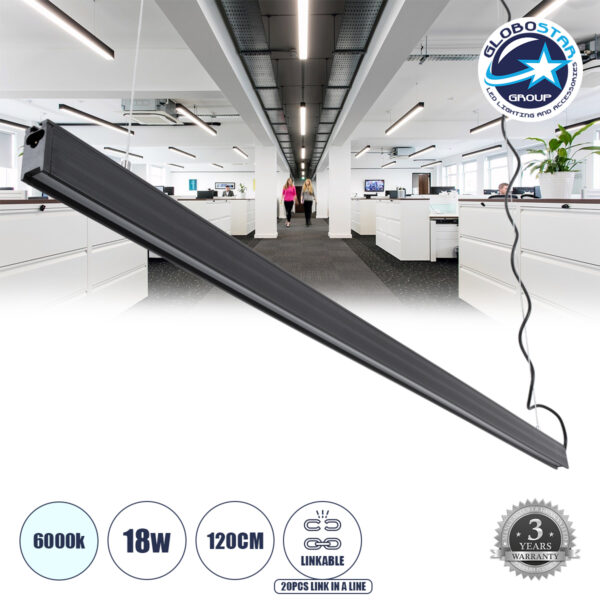 GloboStar® MARKET 61020-P Γραμμικό Κρεμαστό Φωτιστικό Linear LED 18W 2230lm 60° AC 220-240V Μ120 x Π2 x Υ4cm Ψυχρό Λευκό 6000K - Μαύρο - 3 Years Warranty