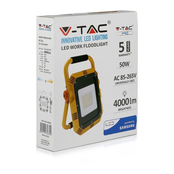 LED Φορητός Προβολέας με 3m Καλώδιο&Πρίζα 50W V-TAC PRO Samsung Chip 4000lm Κίτρινο-Μαύρο 100° IP44 Φυσικό Λευκό 4000K – 945