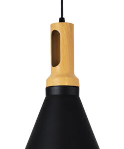 GloboStar® CALYPSO 01334-C Μοντέρνο Κρεμαστό Φωτιστικό Οροφής Μονόφωτο 1 x E27 Μαύρο – Χρυσό Μεταλλικό με Ξύλινη Βάση Καμπάνα Φ25 x Υ40cm
