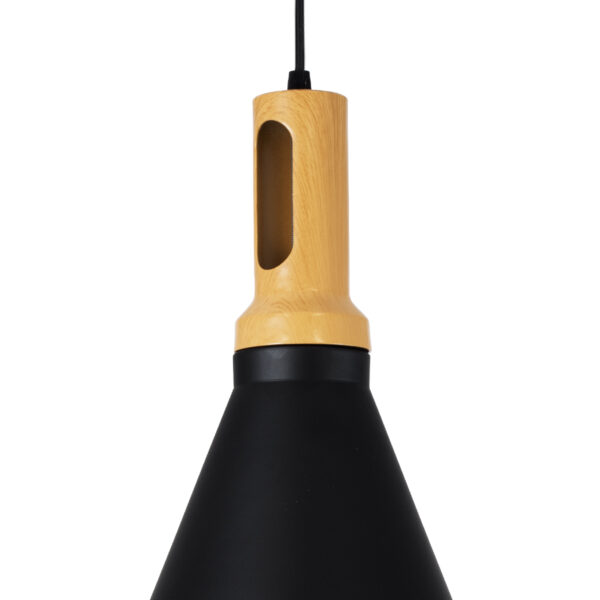 GloboStar® CALYPSO 01334-C Μοντέρνο Κρεμαστό Φωτιστικό Οροφής Μονόφωτο 1 x E27 Μαύρο – Χρυσό Μεταλλικό με Ξύλινη Βάση Καμπάνα Φ25 x Υ40cm