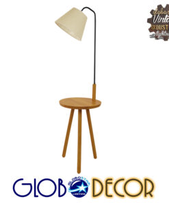 GloboStar® TIFFANY 01206 Μοντέρνο Φωτιστικό Δαπέδου Μονόφωτο 1 x E27 Μαύρο Μεταλλικό με Μπεζ Ξύλινη Επιφάνεια Καμπάνα D28 x H140cm
