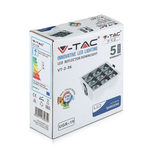 LED Φωτιστικό Χωνευτό 36W CRI>90 V-TAC PRO Samsung Chip 12° 2880lm Φυσικό 4000K – 983