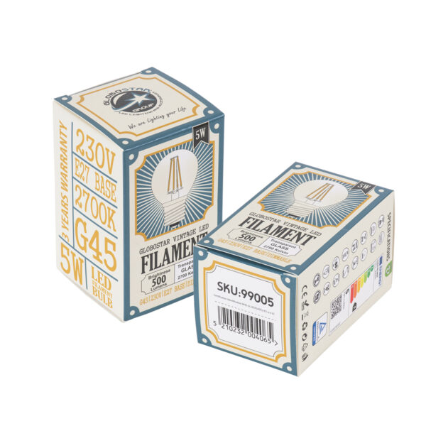 GloboStar® 99005 Λάμπα LED Long Filament E27 G45 Γλομπάκι 5W 500lm 360° AC 220-240V IP20 Φ4.5 x Υ7.5cm Θερμό Λευκό 2700K με Διάφανο Γυαλί – Dimmable – 3 Years Warranty