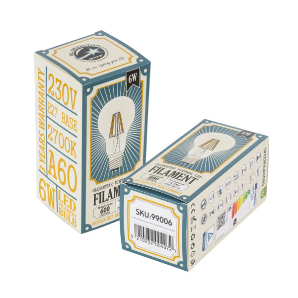 GloboStar® 99006 Λάμπα LED Long Filament E27 A60 Γλόμπος 6W 600lm 360° AC 220-240V IP20 Φ6 x Υ10.5cm Θερμό Λευκό 2700K με Διάφανο Γυαλί – Dimmable – 3 Χρόνια Εγγύηση