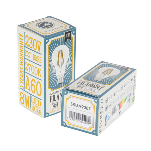 GloboStar® 99007 Λάμπα LED Long Filament E27 A60 Γλόμπος 8W 800lm 360° AC 220-240V IP20 Φ6 x Υ10.5cm Θερμό Λευκό 2700K με Διάφανο Γυαλί – Dimmable – 3 Χρόνια Εγγύηση